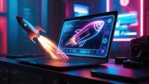 neon rocket taking off from laptop screen with camera background 878635 6239 300x170 - آینده طراحی وب سایت: از واقعیت مجازی تا تجربه‌های تعاملی